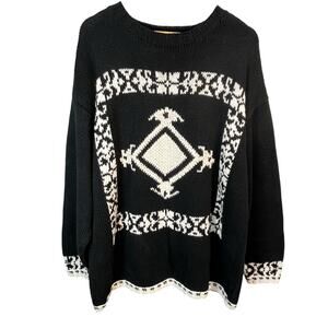 SK Wear‎ Vintage Black White Ramie Cotton Crewneck Geometric Boxy Sweater 2X